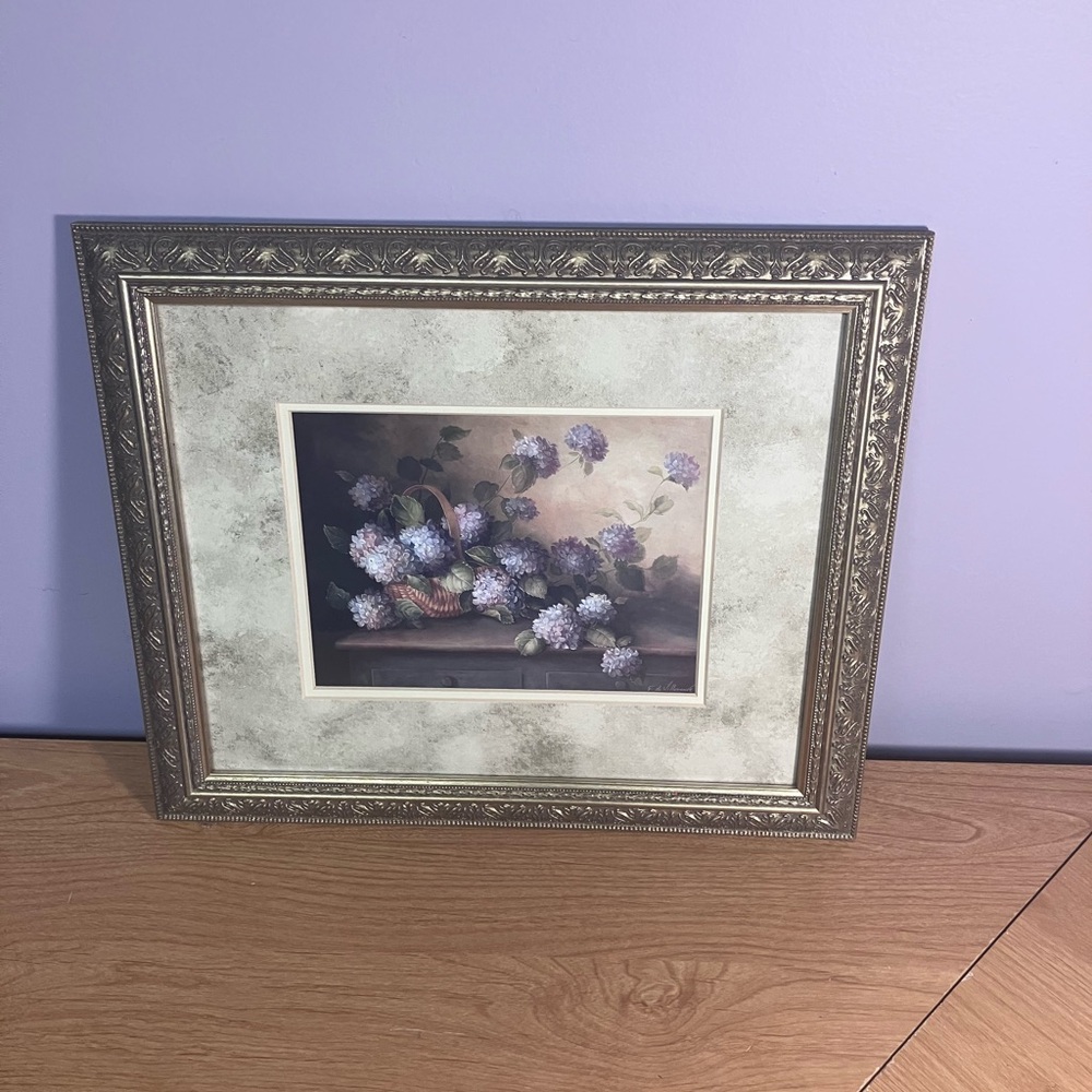 Framed Floral Artwork 15x13 Fabrice de Villanueve Hydrangeas in violet - Picture 3 of 14